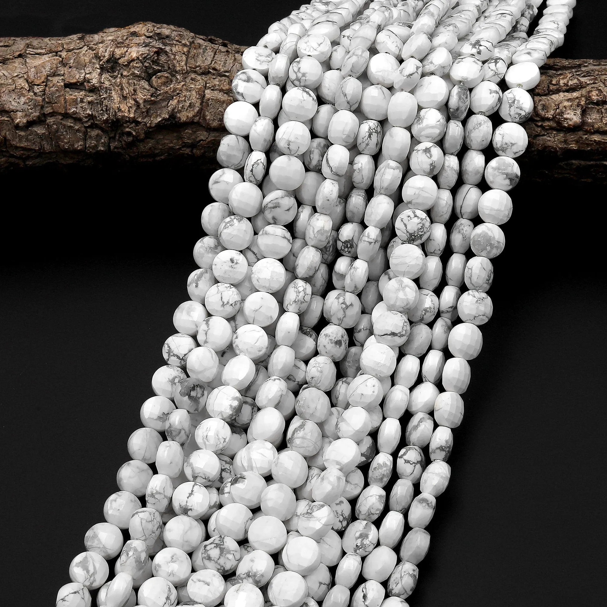 AAA Faceted Natural Howlite 6mm 8mm 10mm Coin Beads 15.5" Strand