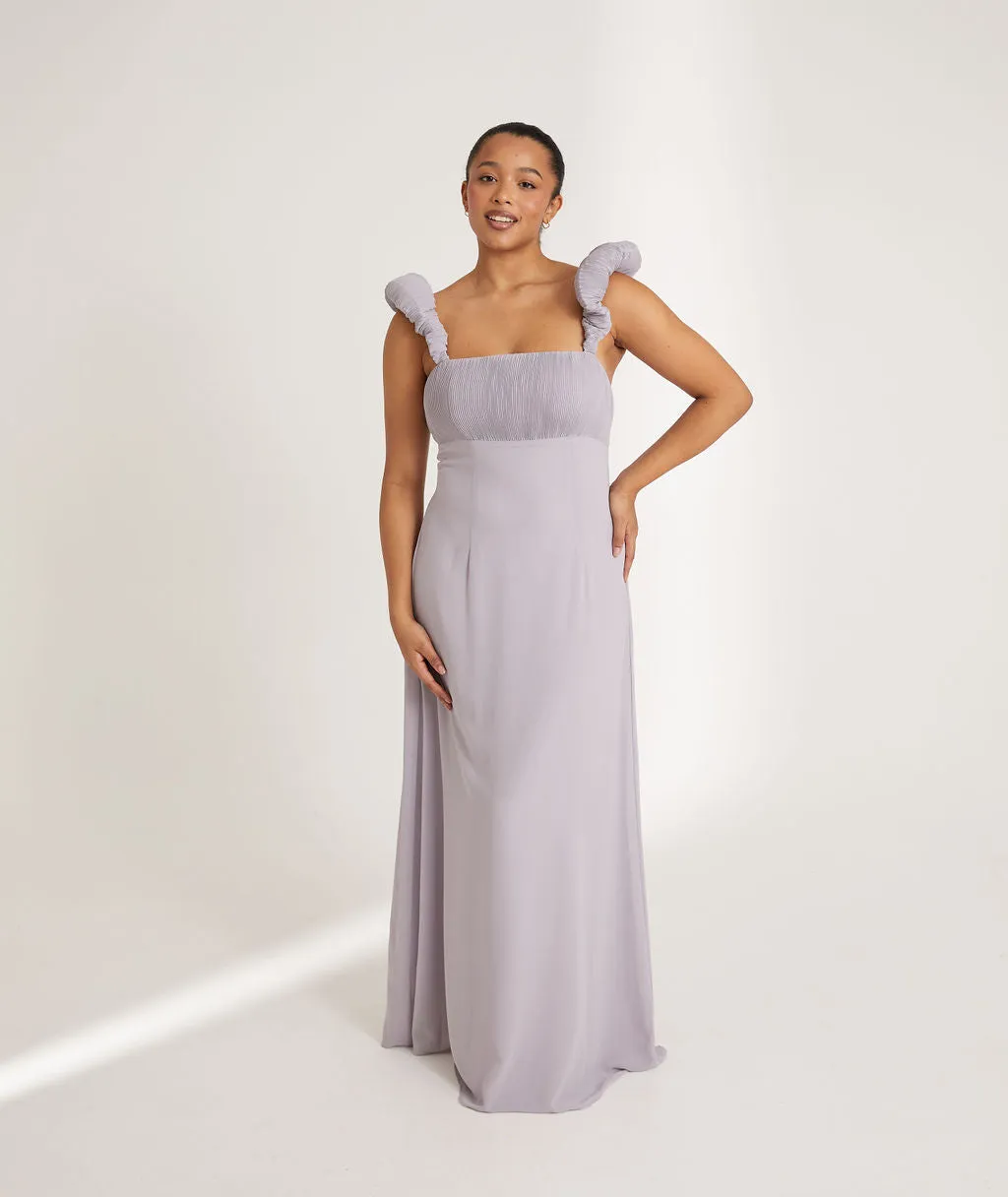 Pleated Statement Shoulder Chiffon Bridesmaid Dress - Dusty Lilac
